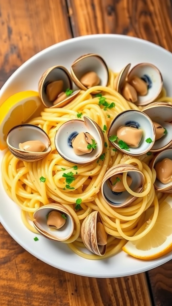 Garlic butter clam pasta with clams, parsley, and lemon wedges on a rustic table.